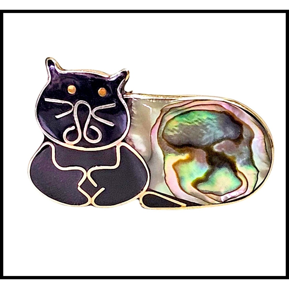 Alpaca Mexico Silver Cat  Kitty Brooch Pin Abalone Shell Figural Animal Jewelry